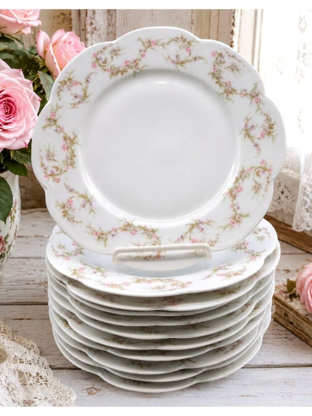 11 Antique Haviland Limoges Pink Roses & Vines Scalloped 9.5" Dinner Plates Set
